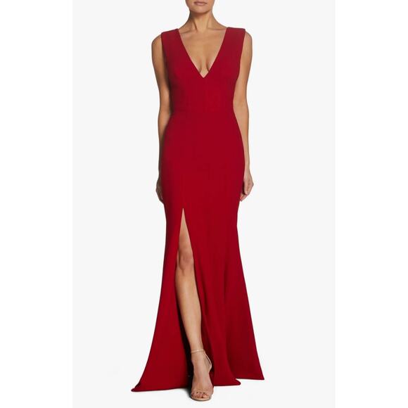 Dress the Population Sandra Gown Sz L Garnet Red Plunge Trumpet Wedding Evening - Picture 1 of 12